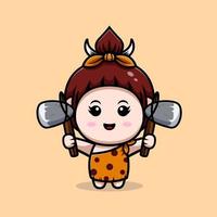 schattig primitief cavegirl mascotte cartoon icoon. kawaii mascotte karakter illustratie voor sticker, poster, animatie, kinderboek of ander digitaal en gedrukt product vector