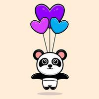 schattige panda vliegen met hart ballon cartoon mascotte vector