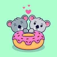 schattig koala paar verliefd op donut mascotte cartoon vectorillustratie. vector