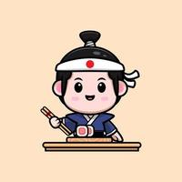 schattige samurai jongen mascotte cartoon icoon. kawaii mascotte karakter illustratie voor sticker, poster, animatie, kinderboek of ander digitaal en gedrukt product vector