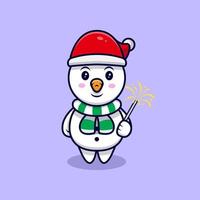 schattige sneeuwpop spelen vuurwerk mascotte cartoon vectorillustratie. vector