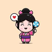 schattig meisje dragen kimono mascotte cartoon icoon. kawaii mascotte karakter illustratie voor sticker, poster, animatie, kinderboek of ander digitaal en gedrukt product vector