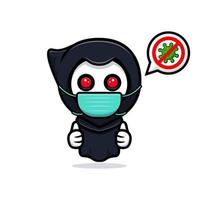 grim reaper die een masker draagt om het virus te voorkomen. schattige mascotte illustratie vector