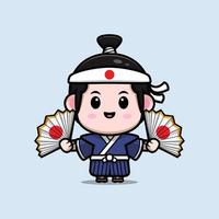 schattige samurai jongen mascotte cartoon icoon. kawaii mascotte karakter illustratie voor sticker, poster, animatie, kinderboek of ander digitaal en gedrukt product vector