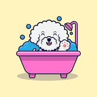 schattige bichon frise hond zwaaiende poten in badkuip cartoon pictogram illustratie vector