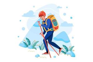 mannelijke trekker met trekking tas illustratie concept. vlakke afbeelding geïsoleerd op een witte achtergrond. vector