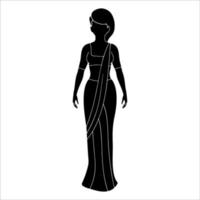 Indiase vrouwen in staande pose dragen saree karakter silhouet op witte achtergrond. vector