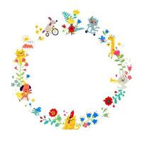 illustraties in de vorm van een ronde krans. vector. dieren kinderen spelen tussen bloemen. kinder tekenfilm, doodle stijl. kleuterschool. circulatie en rondedans. zomer, lente en positieve stemming. vector