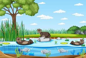 rivier in het bos met otters cartoon vector