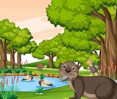 rivier in het bos met schattige otter en eenden vector