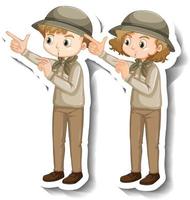 paar kinderen dragen safari-outfit stripfiguursticker vector