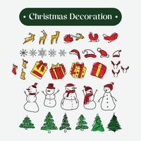 set verzameling handgetekende kerstversiering, kerstboom, sneeuwpop, geschenkdoos, sneeuw, enz. vector