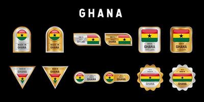 gemaakt in Ghana label, stempel, badge of logo. met de nationale vlag van ghana. op platina, goud en zilver kleuren. premium en luxe embleem vector