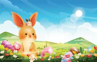 viering van Paaszondag concept met konijntjes en paaseieren in de wei vector