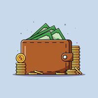 portemonnee en stapel munten, geld besparen illustratie vector