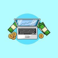 investeringsstrategie met laptop en geld, illustratie van financiële analisten vector