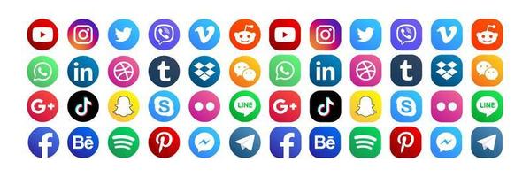 stel populaire social media iconen in. facebook, instagram, twitter, youtube, pinterest, behance, google plus, linkedin, whatsapp, snapchat, tiktok, tumblr, spotify, dropbox en nog veel meer vector