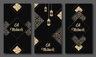 ramadan kareem wenskaarten set. ramadan vakantie-uitnodigingen sjablonen collectie met gouden letters en arabisch patroon. vector illustratie