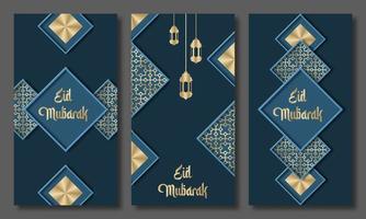 ramadan kareem wenskaarten set. ramadan vakantie-uitnodigingen sjablonen collectie met gouden letters en arabisch patroon. vector illustratie