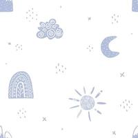 schattig, eenvoudig kinderachtig naadloos patroon met wolk, zon, regenboog, maan. trendy babytextuur vector