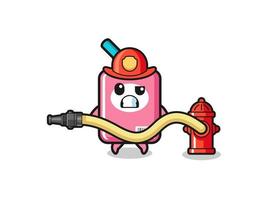 melkdoos cartoon als brandweerman mascotte met waterslang vector