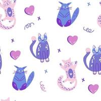 schattige katten naadloze patroon. naïef kinderachtig ornament met grappige poes. perfect voor het bedrukken van stof, kleding, inpakpapier, behang voor de kinderkamer, babyspullen. vectorillustratie. vector