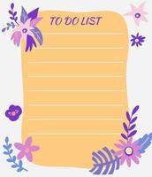 to do lijst met bloemen. planner met exotische bloemen en planten. sjabloon voor sticker, plaknotities, planners, checklists, dagboek en ander briefpapier. vectorillustratie. vector