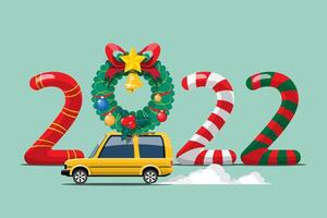 merry christmas vector illustratie santa claus en team rijden suv auto met krans.