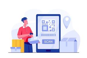 online bezorgtelefoonconceptmedewerker scan qr-code van verpakking voor ontvangeradres en locatiedoel van klant.