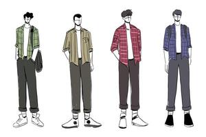 set schetsen van mooie en diverse mannelijke mode-outfits. vector