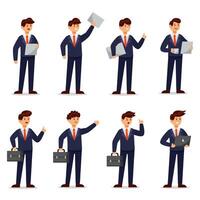 cartoon vector illustratie zakenman karakters in verschillende poses en laptop of aktetas