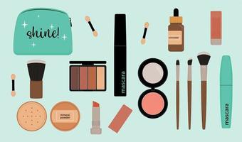 basis make-up set voor dames. make-uptas, mascara, borstels, lippenstift, blush, oogschaduw, concealer, gezichtspoeder. natuurlijke biologische cosmetica. schoonheidsproducten. platte vectorillustratie vector