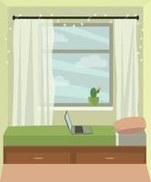 interieur van een gezellige slaapkamer met een groot raam. meisjeskamer, tienerkamer, studentenkamer. kleine slaapkamer met bed, plant, slinger, laptop. platte vectorillustratie vector