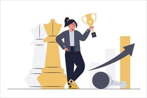 een zakenvrouw bedenkt strategieën om doelen en trofeeën te behalen, zoals wandelend schaken. vector