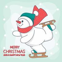 gelukkig sneeuwpop op schaats in merry christmas vector