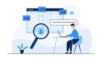man zoekt online naar een baan vanaf laptop. human resources management concept, zoeken naar professioneel personeel. vector