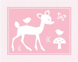 schattige herten scène met vogels op roze polka dot achtergrond vector