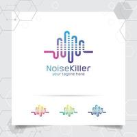 muziek logo ontwerp vector met concept van geluidsgolf en equalizer icoon voor studio-opname, muzikant, app en technologie.