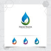 druppel water logo-ontwerp met concept van druppel water icoon met groene ecologie vector gebruikt voor mineraalwaterbedrijf en sanitair.