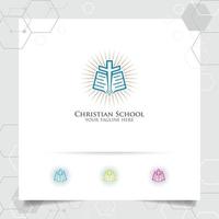 christelijke school logo ontwerp vector met concept van boek, pen en kruis pictogram illustratie.