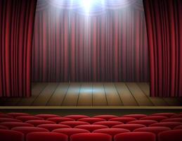 premium rode gordijnen podium, theater of opera achtergrond met spotlight vector