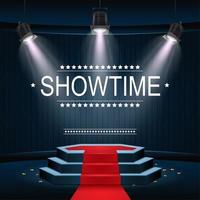 vectorillustratie van showtime banner met podium en rode loper verlicht door schijnwerpers vector