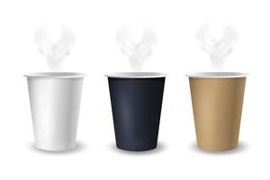 vector 3D-realistische wegwerp drinkbekers met bruin, wit en zwart papier geïsoleerd op een witte achtergrond. koffie, frisdrank, thee, cocktail, milkshake. verpakking ontwerpsjabloon voor mockup. voorgrond