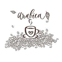 Koffietijd. coffeeshop ontwerpconcept. een kop hete koffie arabica op een achtergrond van bonen vector