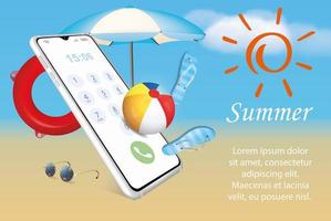 zomer aan zee met strandaccessoires op de achtergrond van een smartphone. strandvakantie concept, toerisme, reizen, avontuur, vakantie. compositie voor een banner vector