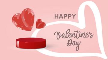 een feestelijke banner voor Valentijnsdag. twee harten op een rood voetstuk en een kalligrafische inscriptie op een roze achtergrond voor wenskaarten, koppen en website, vectorontwerp. vector