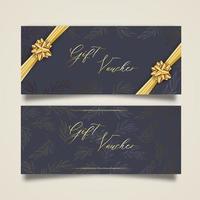 set stijlvolle cadeaubon met gouden lint en strik. vector elegante sjabloon voor cadeaubon, coupon en certificaat geïsoleerd van de achtergrond.