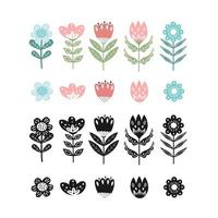 Scandinavische schattige folk vector platte bloemen, bloemdessin geïnspireerd door traditionele Scandinavische illustratie. retro natuur gelukkig volkskunst ornament.