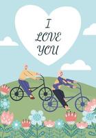 happy st valentine day celebration.14 februari ansichtkaart met schattig senior paar, bloemen en hart. oudere man en vrouw fietsen. platte vectorillustratie in trendy kleuren vector