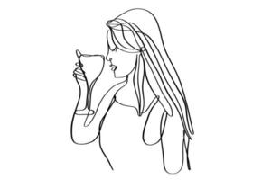 portret van een mooie vrouw in lijn met een glas wijn in de hand. doorlopende lijntekening. vector